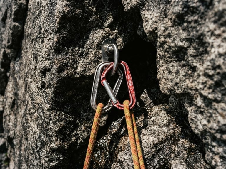 Extreme close-up of technical climbing rope and carabiners on a sheer granite wall, dramatic high-contrast alpine light, desaturated tones.