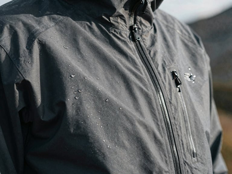 Extreme close-up of a technical hardshell jacket fabric with water droplets, sharp focus, desaturated alpine tones.