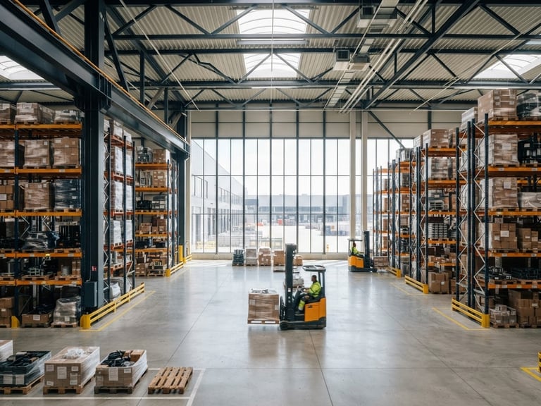 Wide-angle shot of a modern, clean logistics hub interior, showing neatly stacked industrial goods in a high-ceiling warehouse, bright natural daylight streaming from large windows, sharp focus, 35mm lens.