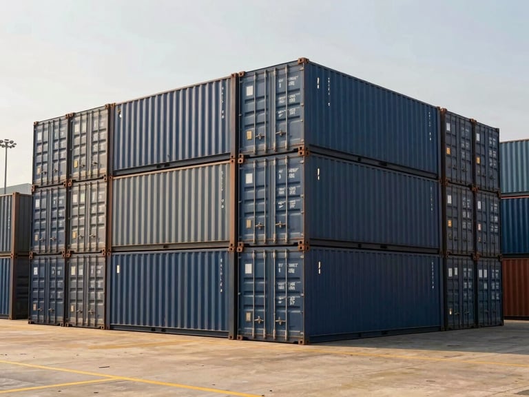 Wide-angle shot of brightly lit modern shipping containers stacked neatly at a bustling port terminal under natural daylight, sharp focus, deep navy and warm sand tones.