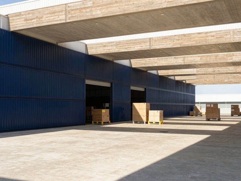 Crisp architectural shot of a modern, clean logistics hub interior, showing efficient operations and organized movement of goods, bright natural daylight, high contrast.