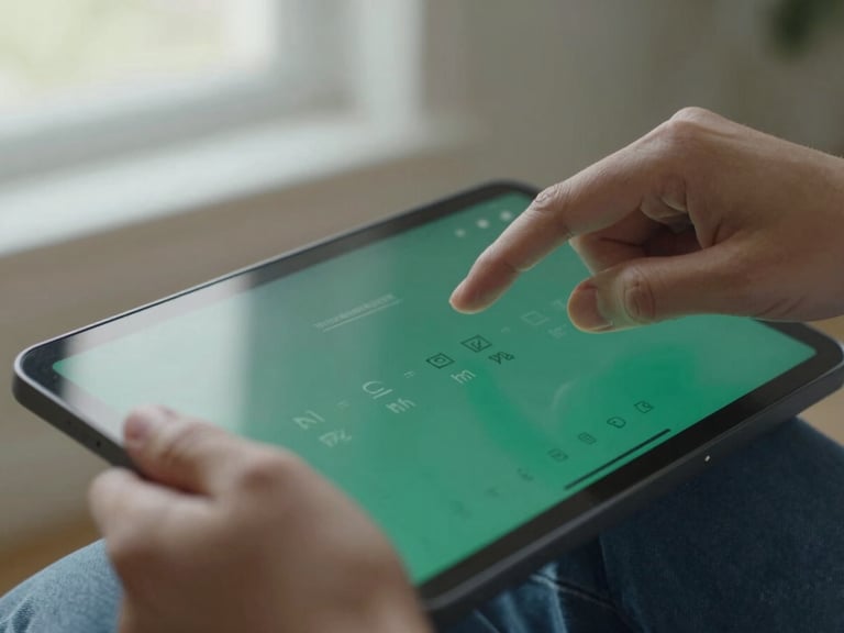 Close-up of hands interacting with a clean, modern assistive technology interface on a tablet, showing real-time translation, soft natural light, deep navy and emerald tones, 35mm