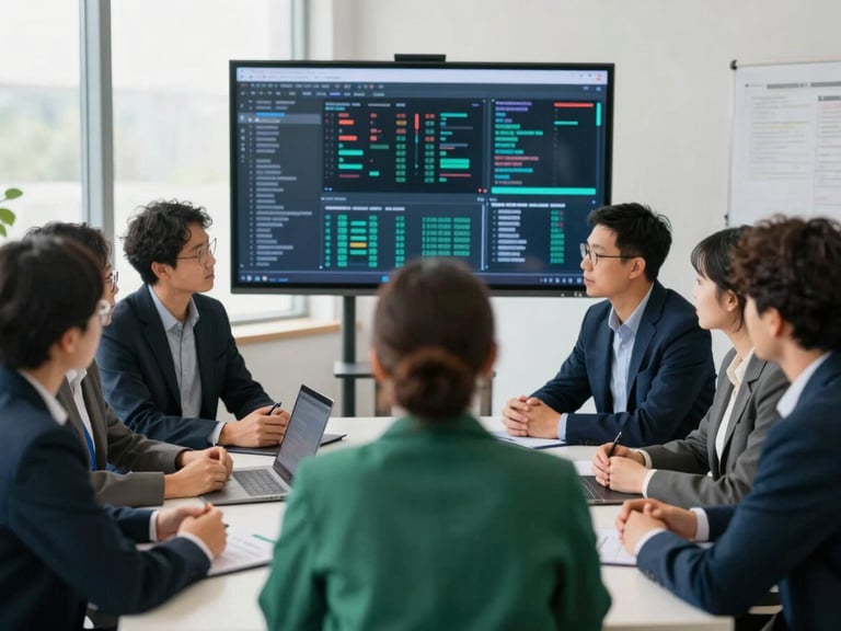 A diverse group of researchers in a collaborative meeting, engaging in discussion with a large screen displaying complex data, soft natural light, deep navy and emerald tones, 35mm