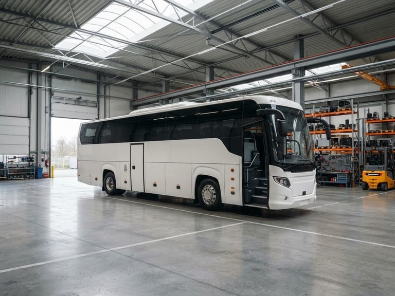 Wide-angle exterior three-quarter view of a modern commercial bus parked in a clean warehouse, bright overcast outdoor daylight, realistic industrial tones, sharp focus, 35mm lens