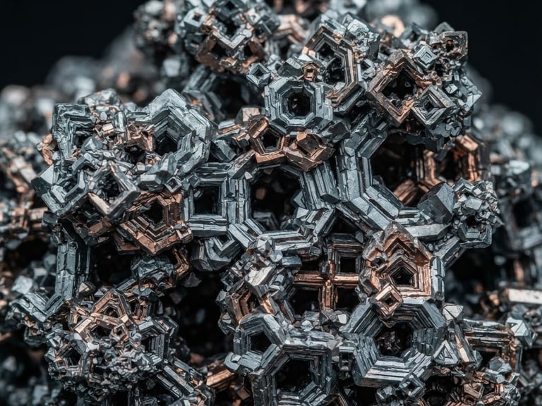 Macro technical photography of engineered zeolite crystal structures, high-contrast industrial lighting, sharp geometric mineral facets, cool slate and copper tones, 50mm lens