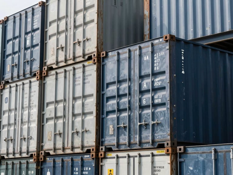 Clean environmental shot of modern shipping containers and industrial transport infrastructure, high-contrast cool daylight, 50mm lens