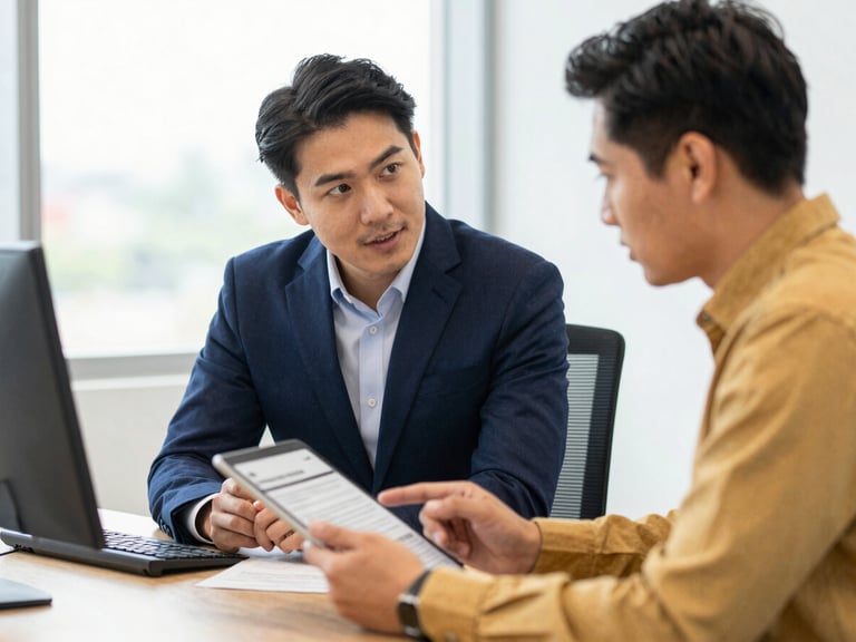 Medium shot of a Company Secretary in a modern office, collaborating with a startup founder over a tablet, discussing corporate legal documents, bright natural light.