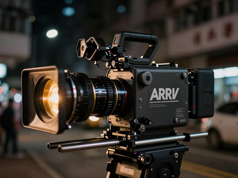 Close-up of an ARRI cinema camera rig with golden backlight, anamorphic lens flare, set against a dark Hong Kong street at night, high-contrast chiaroscuro lighting.