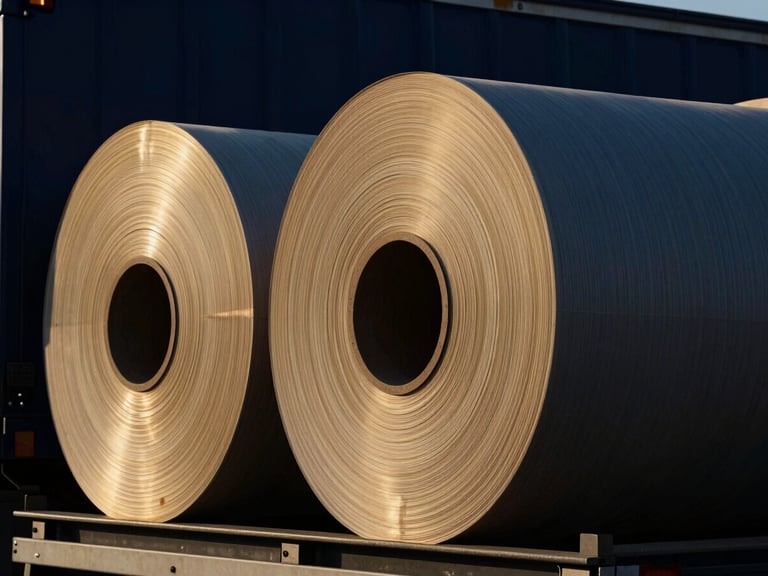 Close-up of large industrial paper rolls being loaded onto a heavy-duty truck, low-key side-lighting, deep shadows, 35mm, deep navy and gold tones, sharp architectural focus.