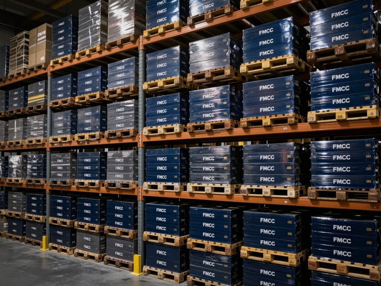 Clean, high-end FMCG logistics warehouse with organized pallets, low-key side-lighting, 35mm.