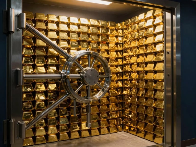 Secure vault environment with stacks of gold bars, dramatic side-lighting, metallic highlights, 35mm.