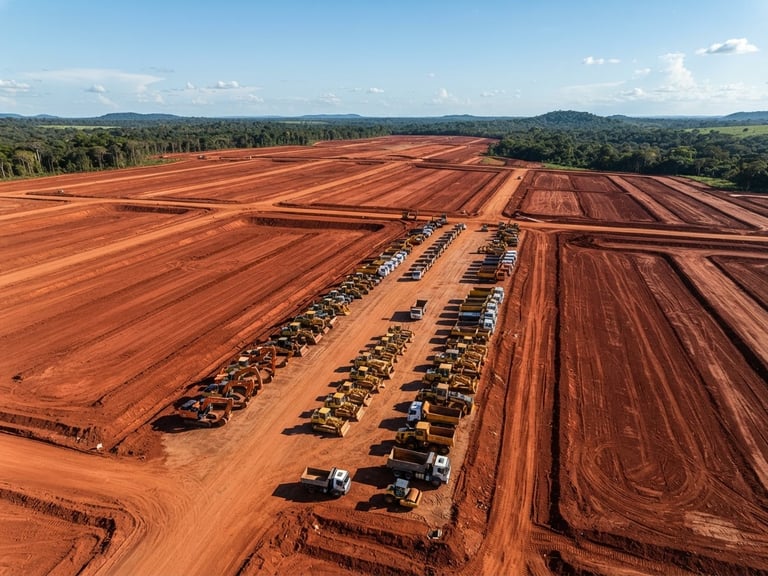 Overhead drone shot of a massive land development project in Brazil, red soil graded perfectly, heavy machinery parked in alignment, sharp afternoon light, industrial editorial style
