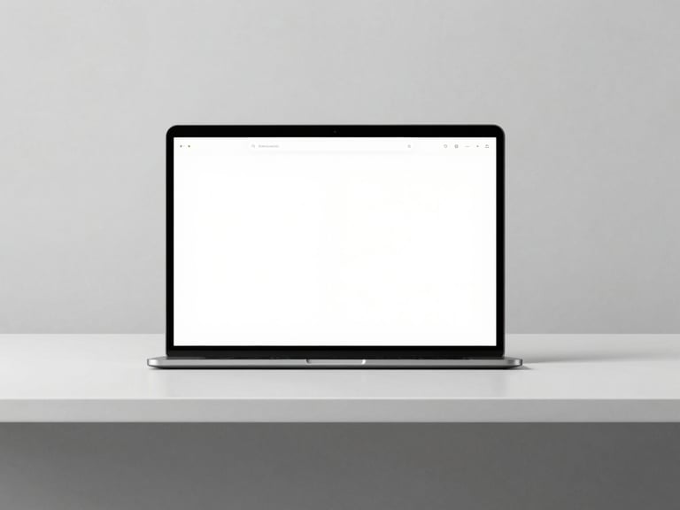 Symmetrical flat lay of a high-fidelity browser mockup on a minimalist desk, neutral gray studio lighting, crisp shadows, architectural precision