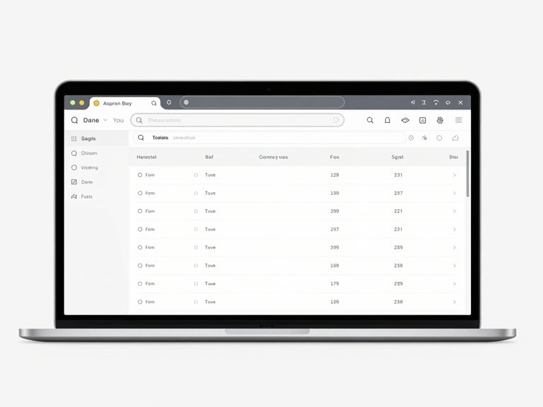 Symmetrical browser mockup showing a clean data table and elegant charcoal UI elements, neutral lighting, pure white background