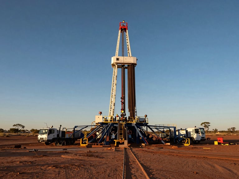 Wide angle shot of an active drilling rig in the remote Western Australian desert at golden hour, high-contrast steel structures against a deep sky
