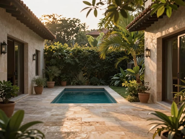 A serene private villa courtyard with a stone path leading to a quiet plunge pool, soft golden-hour shadows, lush green foliage.
