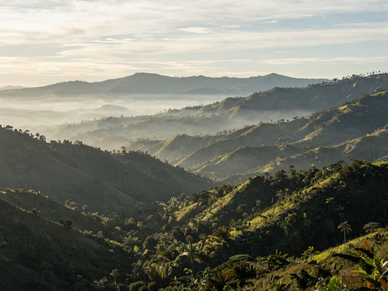 Wide panoramic shot of Coclé highlands under soft morning mist, lush green mountains stretching into the distance, serene and quiet atmosphere