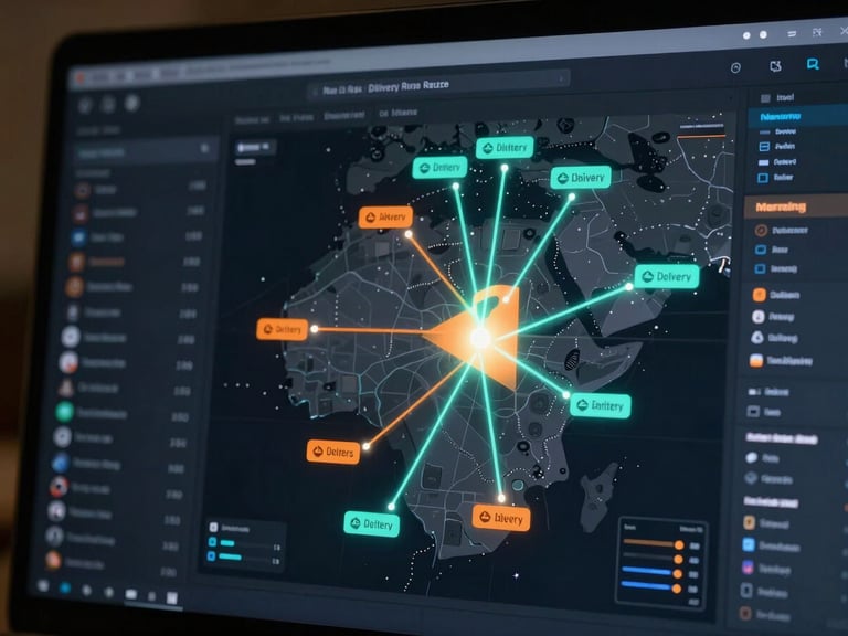 Macro shot of a high-fidelity dark UI merchant dashboard displaying real-time delivery route vectors over the map of Algeria, glowing cyan and safety orange accents, cool ambient tech lighting.