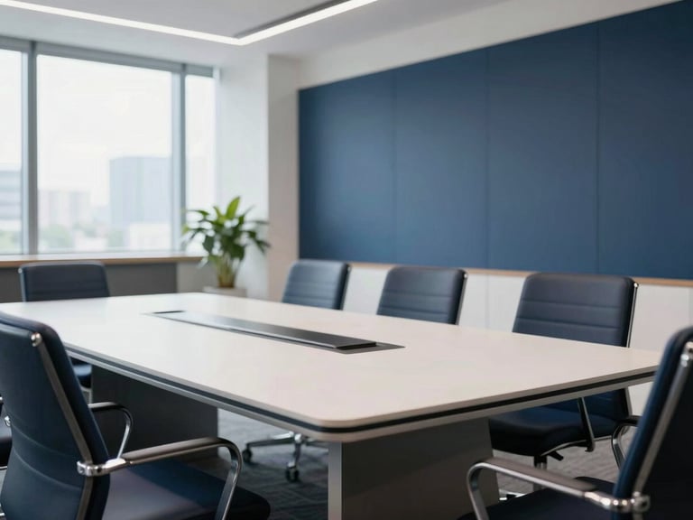 Medium-wide environmental shot of a modern Indian corporate boardroom, sharp daylight, deep navy accents, professional atmosphere.