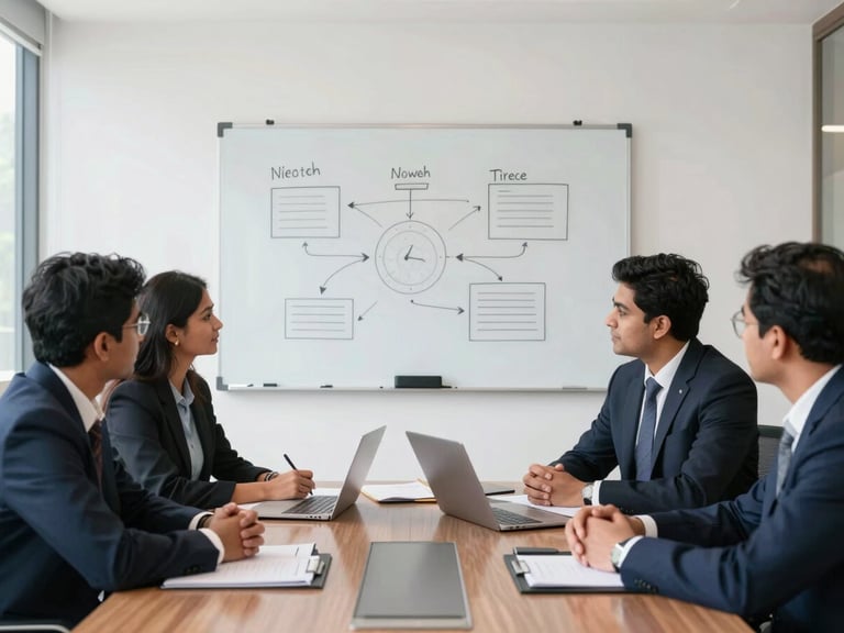 Medium-wide environmental shot of a collaborative strategy session in a sunlit New Delhi boardroom, sharp focus on a whiteboard with clean diagrams.