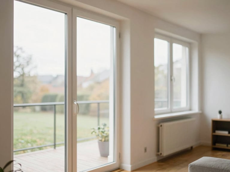 Heller, moderner deutscher Wohnraum mit großen Fenstern, die natürliches Licht hereinlassen, im Hintergrund ein Heizkörper, Fokus auf die ruhige Atmosphäre.
