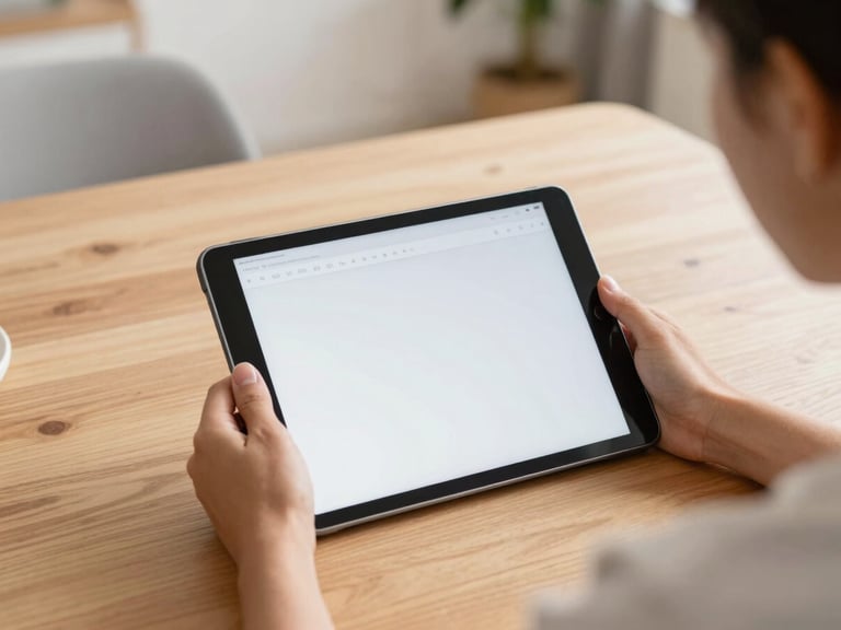 Nahaufnahme von Händen, die ein Tablet mit einer einfachen Benutzeroberfläche halten, auf einem modernen Holztisch, warmes Umgebungslicht, Over-the-shoulder-Aufnahme.