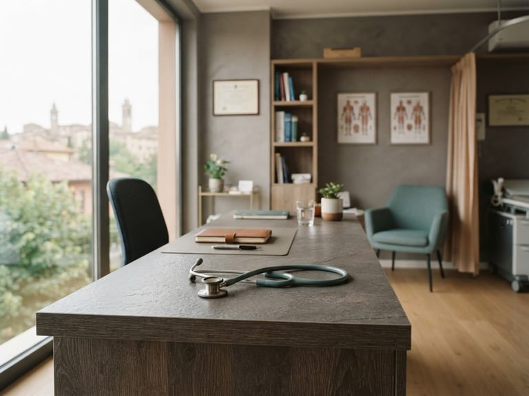 A clean modern Italian medical clinic office, soft daylight through window, stethoscope on desk, warm slate tones, 35mm