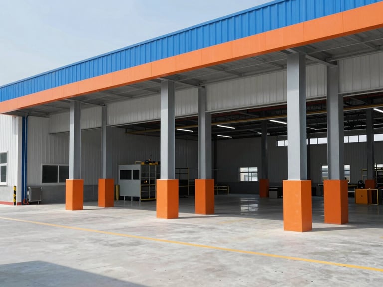 Crisp daylight shot of a modern industrial workshop exterior, clean concrete, safety orange accents on steel columns, wide panoramic view