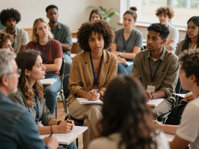 Warm editorial photograph of a diverse group of community members participating in a leadership training session, actively discussing, natural daylight, rich earthy tones, shallow depth of field, 35mm lens, focus on collaborative discussion.