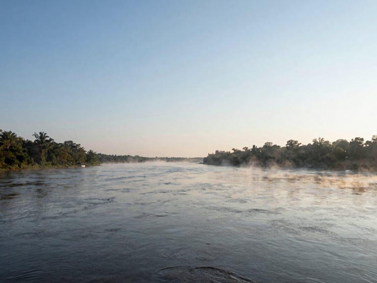 Wide panoramic shot of the Savannah River in Augusta at quiet morning daylight, soft mist rising, clear horizon, 35mm photography