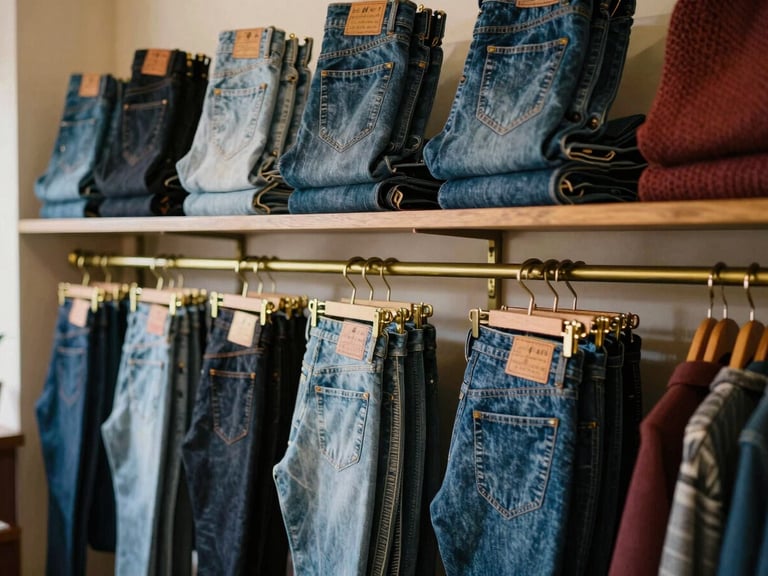 warm editorial photography, a curated display of premium denim and casual knitwear on brass fixtures, rich classic tones, 35mm