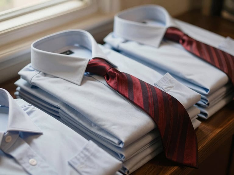 warm editorial photography, neatly folded stacks of premium dress shirts and silk ties, soft natural indoor light, 35mm