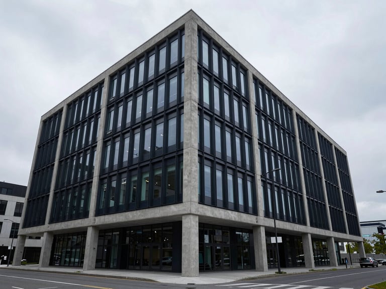 Wide architectural perspective of a modern concrete and glass corporate headquarters, clean lines, cool overcast daylight, deep slate tones, 35mm