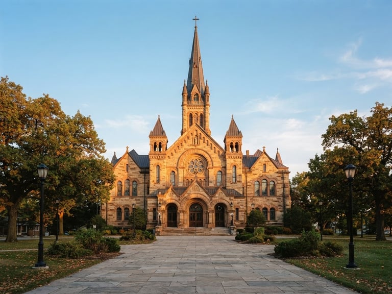Symmetrical wide shot of a historic Catholic church exterior with a tall steeple against a soft blue Minnesota sky at golden hour, warm editorial photography, 35mm
