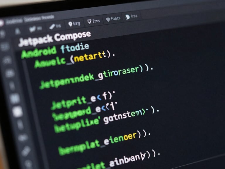 Close-up macro shot of an Android Studio code editor running Jetpack Compose code with vibrant green syntax highlighting under low-key studio lighting.