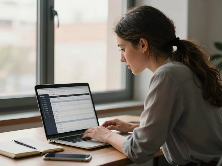 Medium shot of a woman leaning toward a laptop screen showing a social media dashboard with scheduling columns, warm afternoon light through an office window behind her, a small notebook open to her left, candid mid-work moment