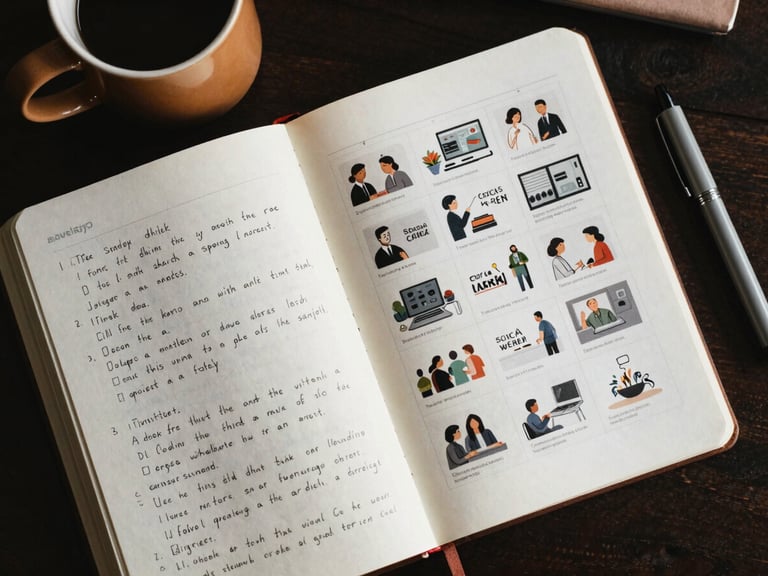 Close-up overhead flat-lay of an open notebook filled with handwritten strategy notes and a printed social media content grid, a warm ceramic mug at the edge, natural daylight casting soft shadows across the pages, a few colored pens resting beside the notebook, no people visible, intimate working atmosphere