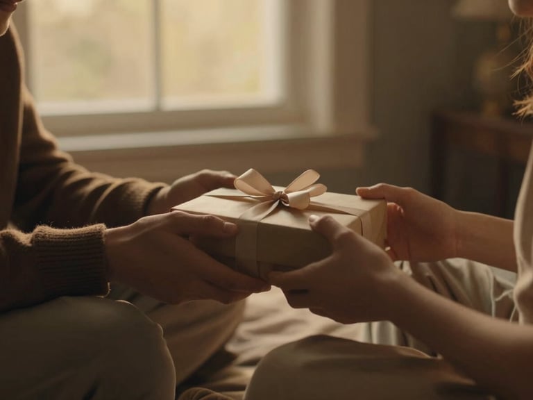 cinematic shot of a couple's hands holding a personalized gift, soft golden light, intimate moment, cozy home, rich earth tones, shallow depth of field, 35mm