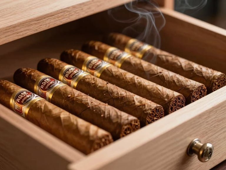 Close-up of Spanish cedar humidor drawers stacked with perfectly aligned cigars, soft warm light catching the gold foil on the bands, subtle smoke in the background