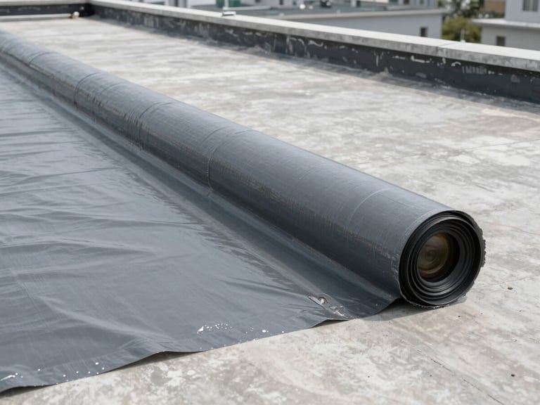 Professional application of gray waterproofing membrane on a wide concrete roof, clean lines, bright daylight, realistic setting
