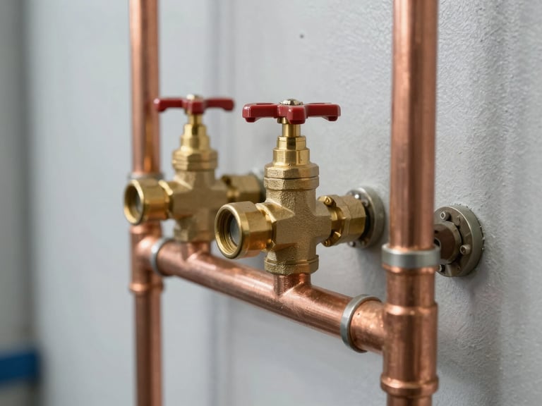 Close-up of clean copper pipes and brass valves installed on a light gray wall, sharp focus, technical-industrial style, natural light