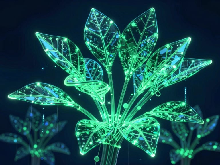 An abstract 3d render of glowing organic leaf structures integrated with digital data lines, emerald light