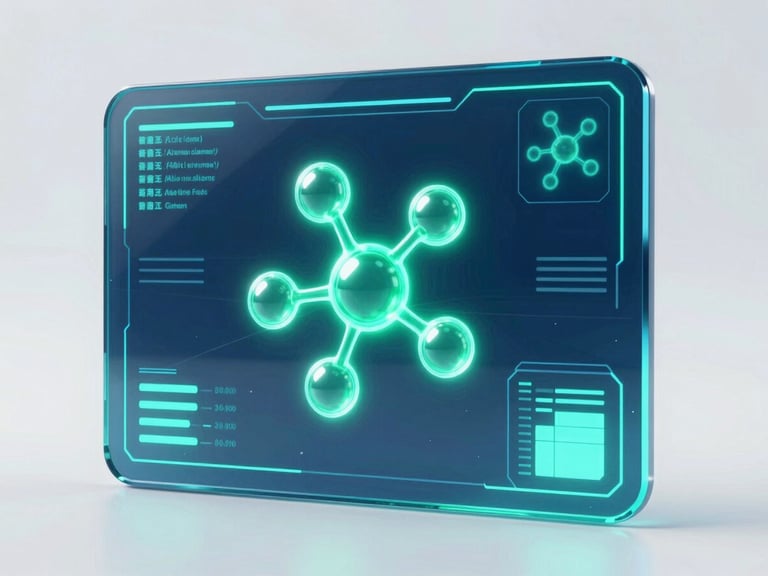 A sleek 3d render of a glowing holographic medical interface, emerald and deep blue tones, glassmorphism