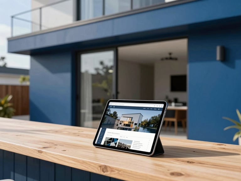 Crisp architectural photography of a renovated home interior with a tablet displaying a modern web interface on the foreground counter, bright natural daylight, sharp focus.