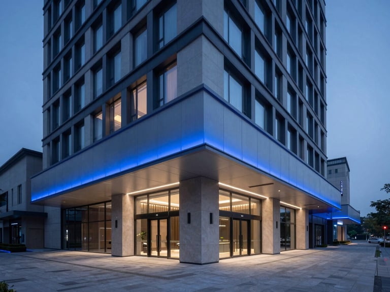 Modern minimalist luxury hotel lobby at dusk with cool blue LED lighting accents, clean lines, professional corporate atmosphere