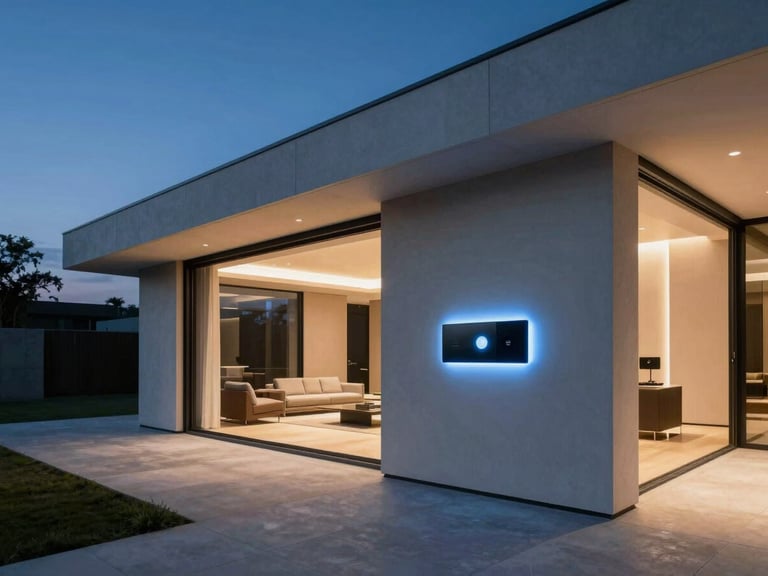 Wide architectural angle of a modern minimalist villa lounge at dusk, sleek wall-mounted touch panel glowing with a soft blue LED indicator, warm interior lighting, premium corporate mood