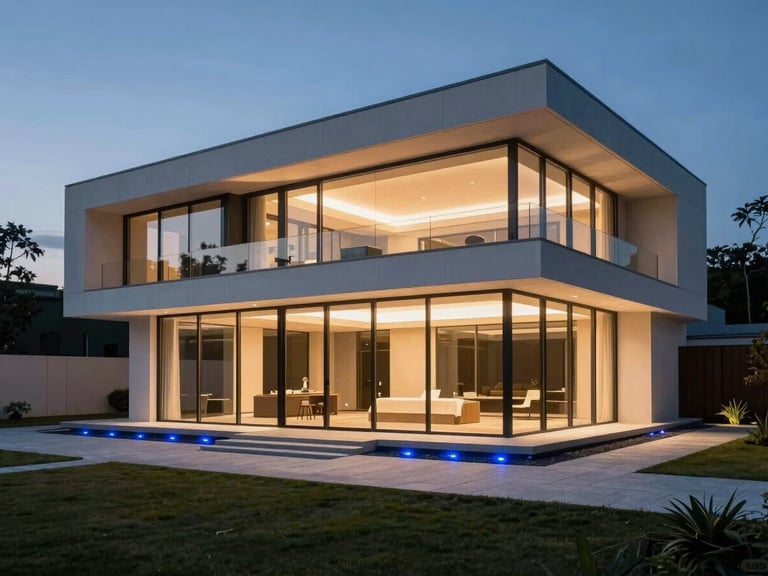 Wide architectural angle of a modern minimalist villa facade at dusk, warm interior lighting glowing through floor-to-ceiling glass, subtle blue LED garden path lights, crisp 35mm photography.
