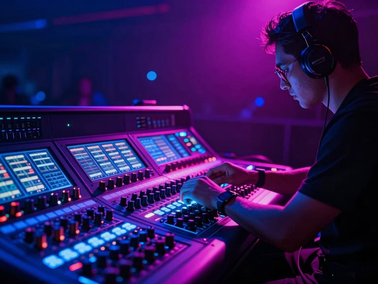 Dramatic close-up of a professional event technician adjusting a sound console, neon blue and magenta ambient stage lighting, high-contrast, 35mm