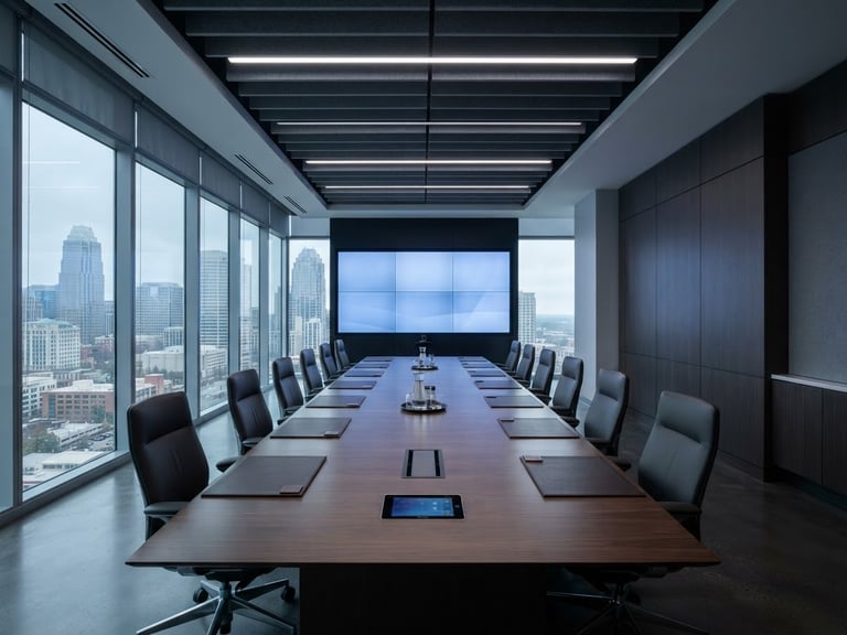 A wide-angle 24mm architectural shot of a modern corporate boardroom in Charlotte, featuring a flush-mounted display, clean conference table with integrated touch panel, and zero visible wires.