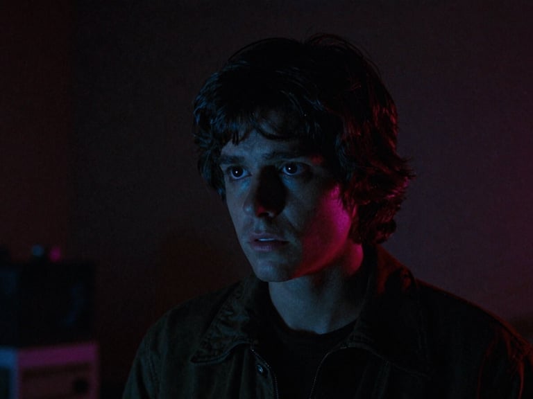 Dark, moody still from a 80s cult horror film, neon lighting, dramatic shadows, analog film grain, cinematic film photography, low-key neon lighting, retro synthwave color palette, heavy analog film grain, 35mm lens